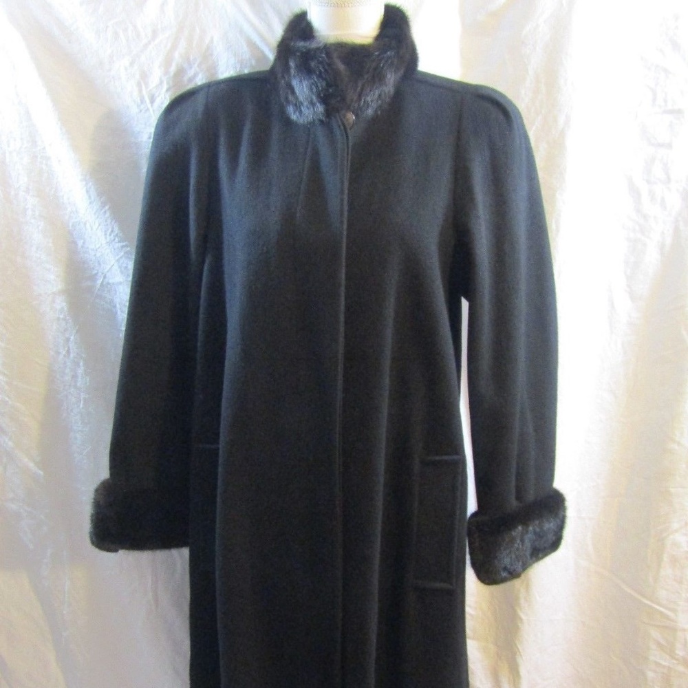 MARVIN RICHARDS Long Black Wool with Fur Trim Coat